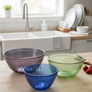 Vintage Pyrex Ribbed Glass Nesting Bowl Set (3) - Blue, Green, Purple
